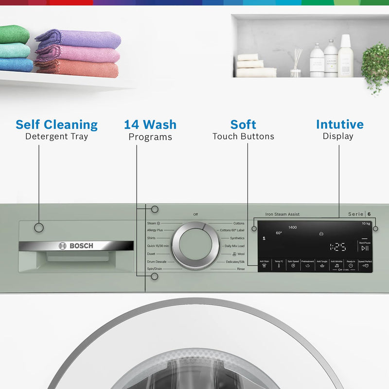 Bosch 10 kg, 5-Star, AI Active Water+, Anti Stain, Iron Steam Assist, Anti Tangle, Fully-Automatic Front Loading Washing Machine (WGA254ZJIN, Reload Function, In-Built Heater, Autumn Green)