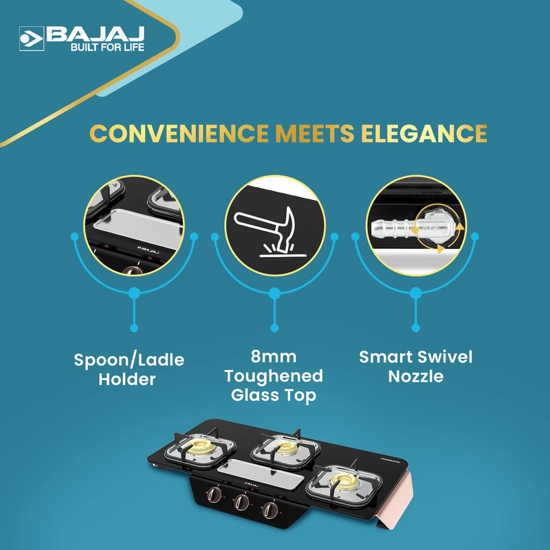 BAJAJ GF8 Frameless with 1 Jumbo Glass C Manual Gas Stove  (3 Burners)