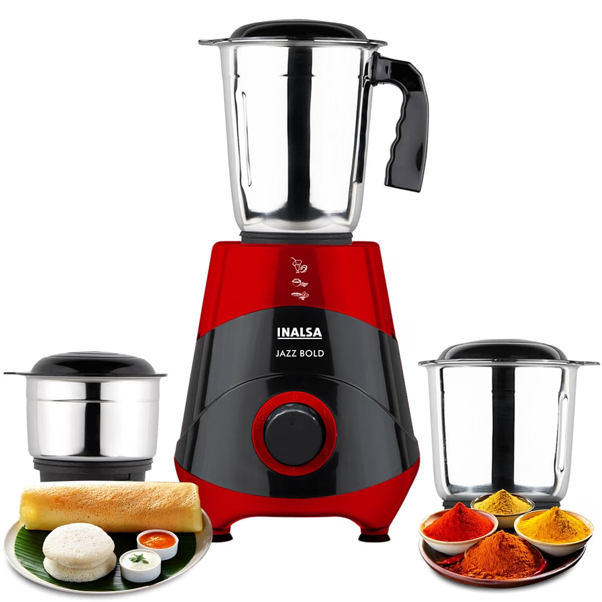 INALSA Mixer Grinder|500W Powerful Motor|High RPM 21000 for Finer Grinding Result|3 Stainless Steel Jars (1.2 L,0.8 L,0.4 L)|Leak-Proof Lid|3 Speed Control & Pulse FunctioN|Jazz Bold