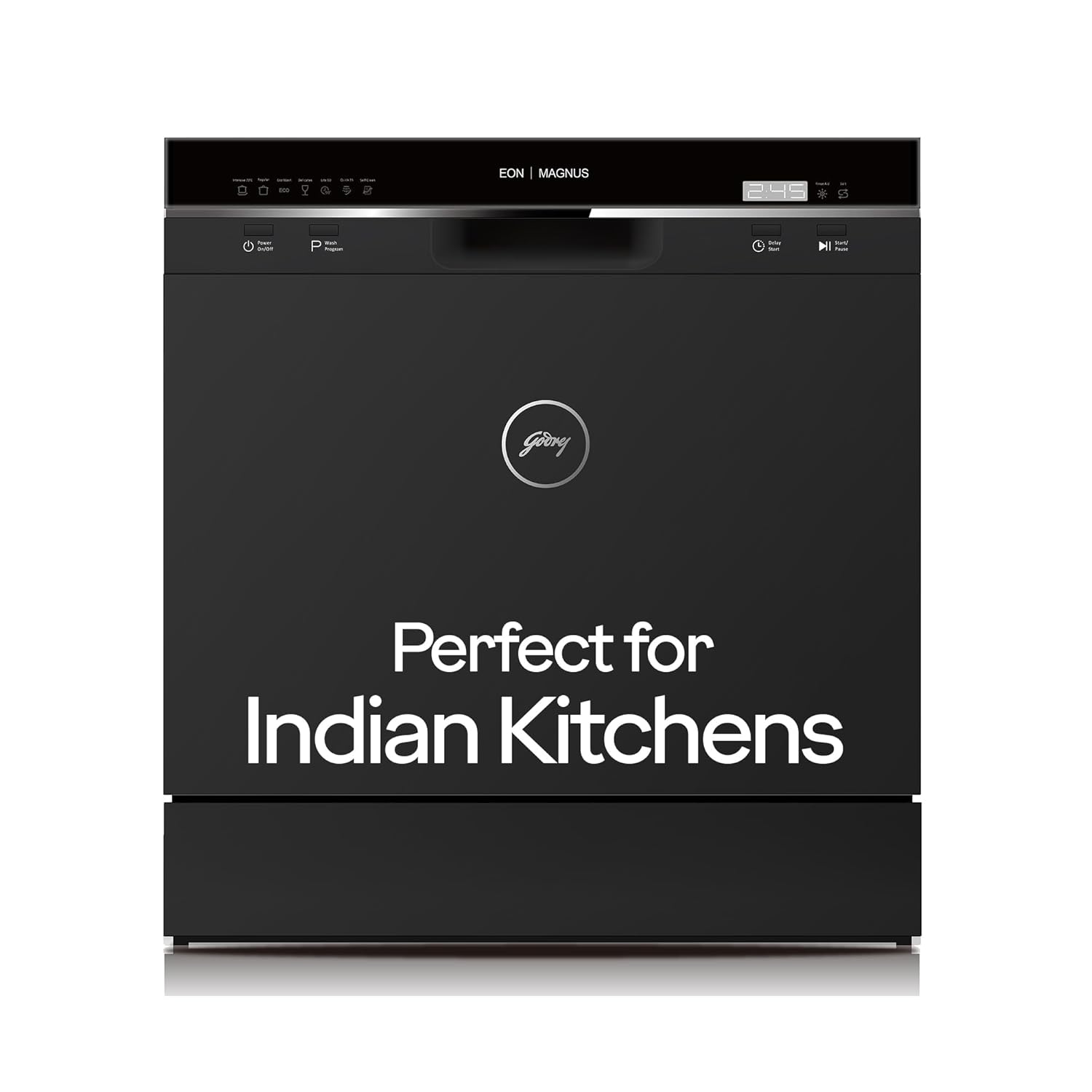 Godrej Eon Dishwasher | 8 Place Setting Counter-Top | Compact with an In-built heater (DWT EON MGNS 8C NF SKBK, Silky Black) | Perfect for Indian kitchens: Smaller families and Bachelors