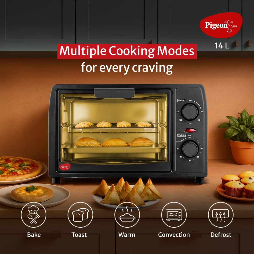 Pigeon Oven Toaster Grill 14 Liters OTG| 850 Watts| Toast, Grill, Bake & Roast | Heat Resistant Tempered Glass| Black