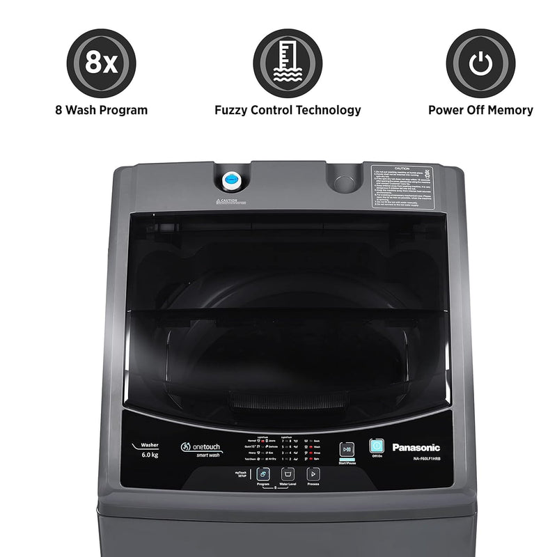 Panasonic 6 Kg 4 Star Fully-Automatic Top Load Washing Machine ( NA-F60LF1HRB, Grey, Durable Metal Body, 8 Wash Program, Aquabeat wash technology, One touch smart wash)