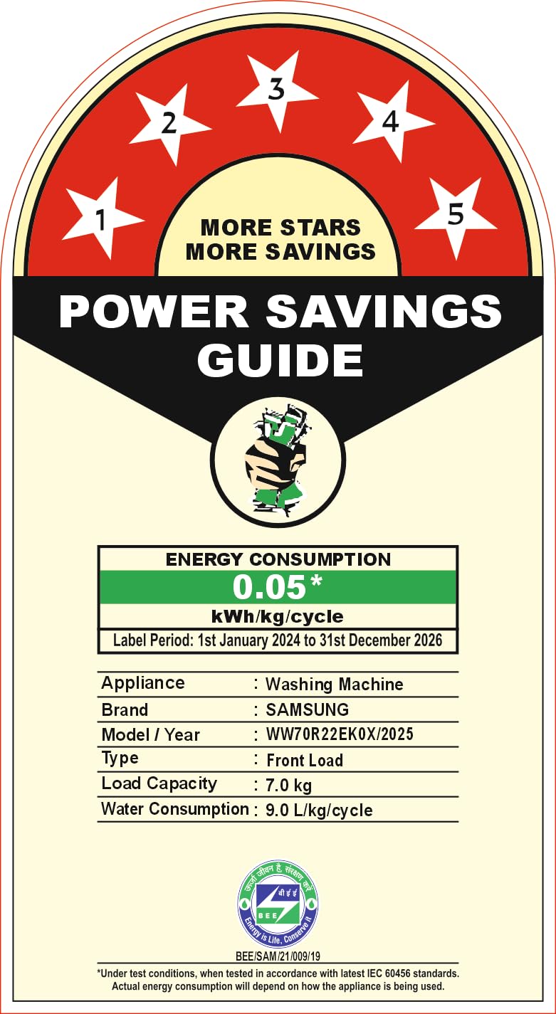 Samsung 7 kg, 5 Star, AI Control, Wi-Fi, Digital Inverter, Motor, Fully-Automatic Front Load Washing Machine (WW70T502NAN1TL, Hygiene Steam, Inox)