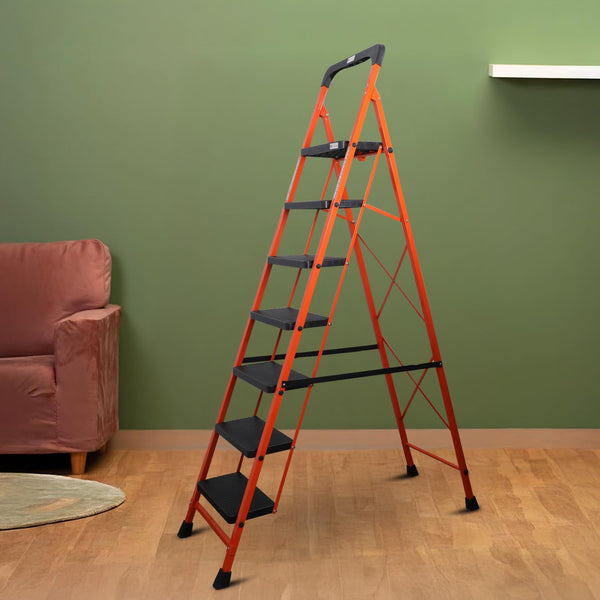 BonKaso Premium Steel Multipurpose Climb Easy Anti-Slip 7-Step Foldable Ladder with Safety Clutch Lock, Support Handle and Tool Tray for Home - (Orang