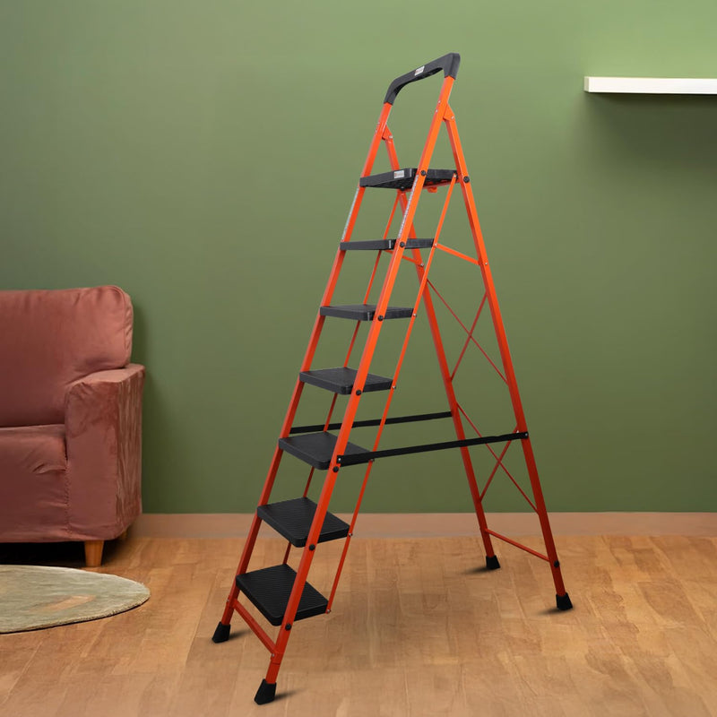 BonKaso Premium Steel Multipurpose Climb Easy Anti-Slip 7-Step Foldable Ladder with Safety Clutch Lock, Support Handle and Tool Tray for Home - (Orang