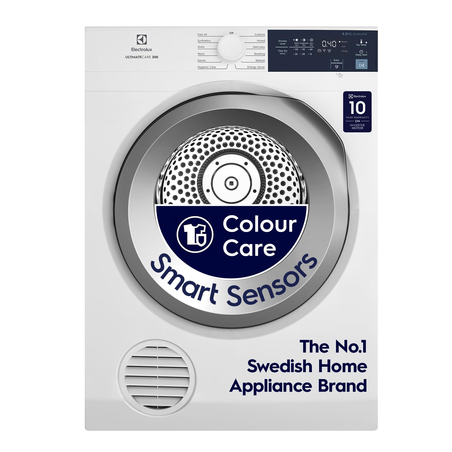 Electrolux 8.5Kg Fully Automatic Vented Clothes Dryer Machine, Reverse Tumbling, Smart Sensors, Colour Care, Drying Only - No Washing Function, White, UltimateCare 300, EDV854J3WB