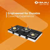 Bajaj 3BJGS7 Stainless Steel Glass Top Gas Stove with 3 Brass Burners, ISI Certified, Black, Regular