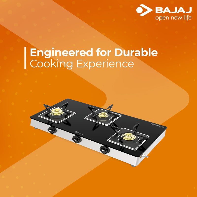 Bajaj 3BJGS7 Stainless Steel Glass Top Gas Stove with 3 Brass Burners, ISI Certified, Black, Regular