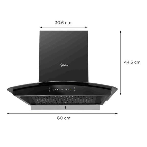 Midea 60 cm Chimney 1250 m3/hr strong suction power | 2 Yrs Product + 10 Yrs Motor Warranty | Free installation kit | Filter-less | Auto clean Reminder | Gesture Control | Free Installation | Black