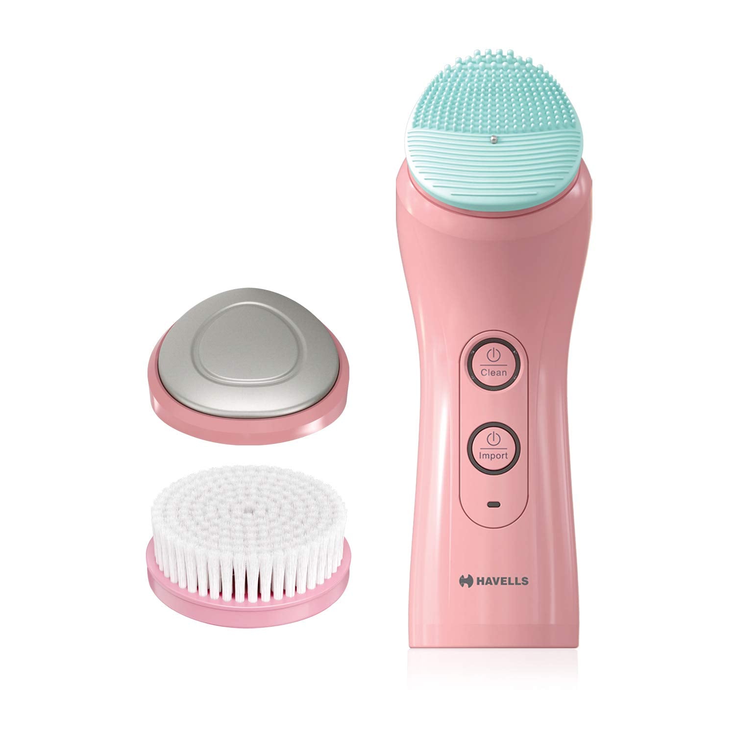 Havells SC5070 Facial Cleansing Brush with 3 Heads for Exfoliation, Cleaning and Brightening Iontophoresis, Smart Alert to Assist Usage, Rechargeable (Pink)