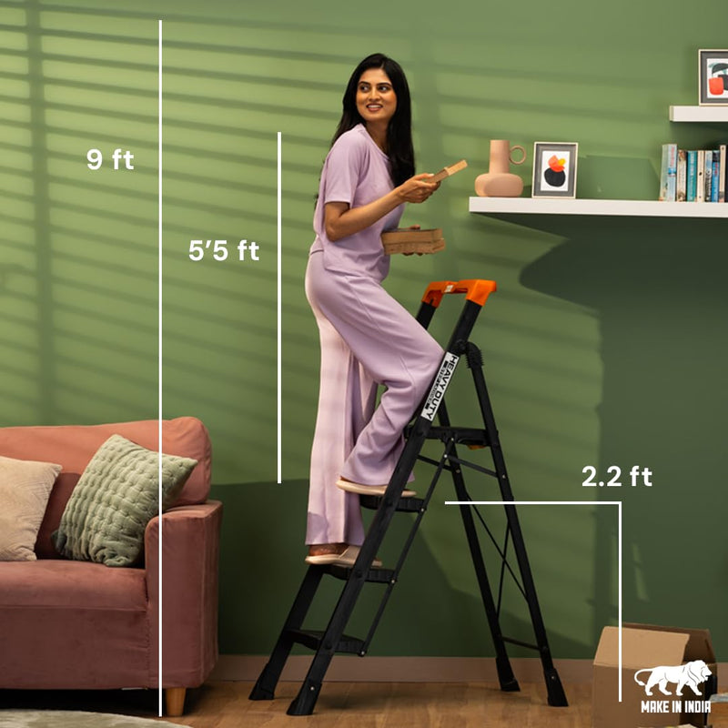 Bonkaso Alloy Steel Climb Master 4-Step Foldable Heavy Duty Ladder for Home, Indoor and Outdoor Purpose with Anti-Slip and Advanced Locking System - (