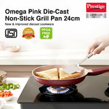 Prestige 24cm Omega Die-Cast Non-Stick Grill Pan | 3-Layer Coating | Die-Cast Body | Metal Spoon Friendly | Heavy Base | Pink