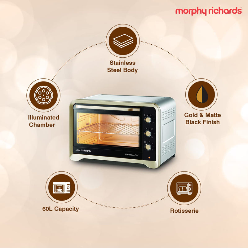 Morphy Richards 60 Liter 60RCSS Luxe Chef Oven Toaster Griller, with Convection and Rotisserie Function (Gold, Regular, 60 Liter)