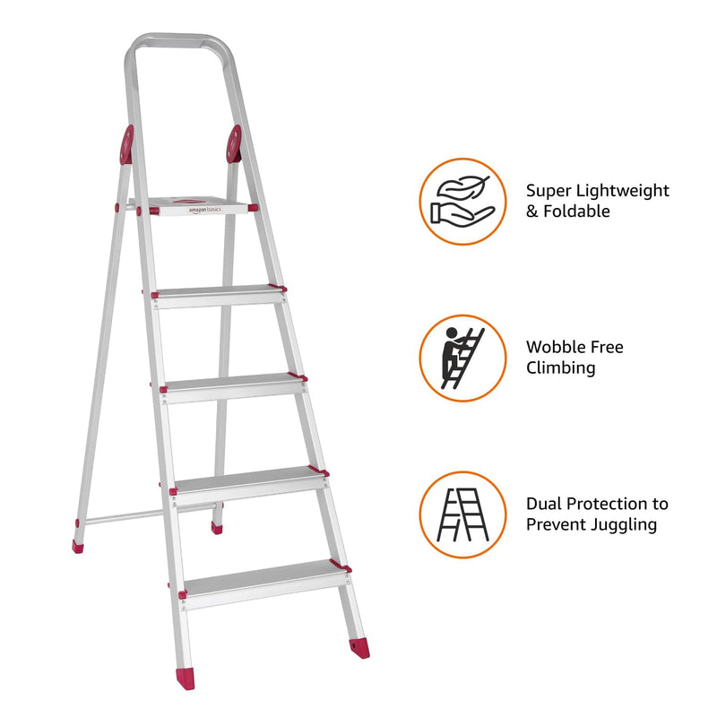 Amazon Basics Foldable 6-Step Aluminium Ladder | Double-Lock with Hinges | Skid-Proof | Lightweight (Maroon)