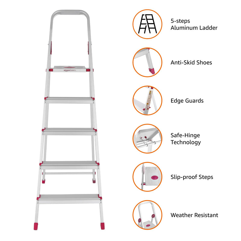 Amazon Basics Foldable 6-Step Aluminium Ladder | Double-Lock with Hinges | Skid-Proof | Lightweight (Maroon)