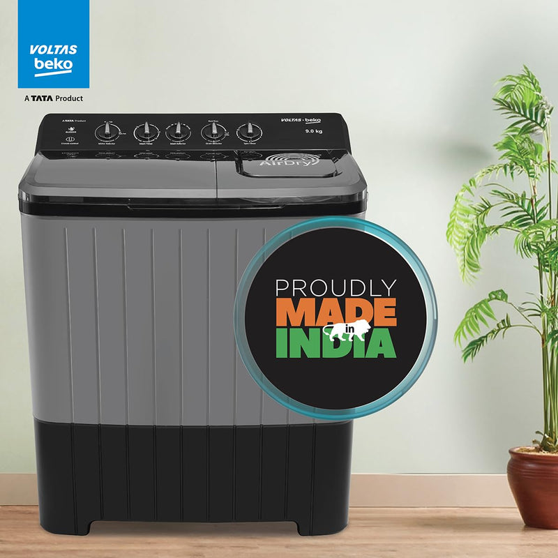 Voltas Beko, A Tata Product 9 Kg 5 Star Semi-Automatic Top Loading Washing Machine (2024 Model, WTT90UHA/OK5B1B1S23, Black, Pulsator Wash Method and Double waterfall technology)