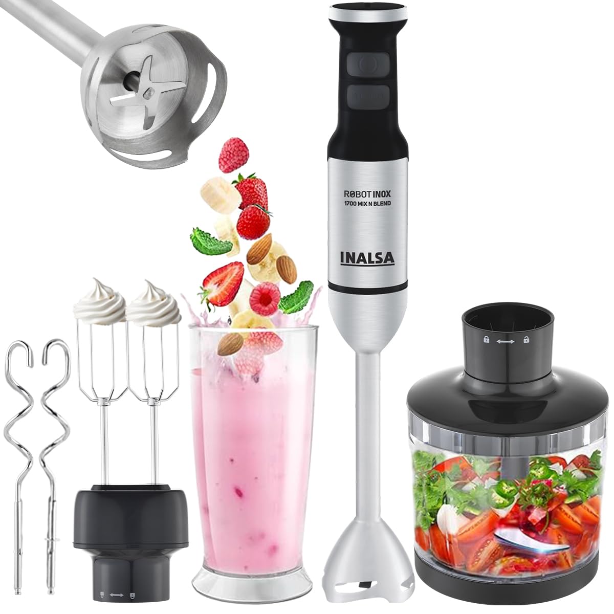 INALSA Hand Blender Mixer|1700W Copper Motor|Chopper,Dough Maker,Whisker & Jar Attachment|Low Noise|20 Speed Control & Turbo Function|BPA Free|Anti-Splash,Robot Inox 1700 Mix N Blend