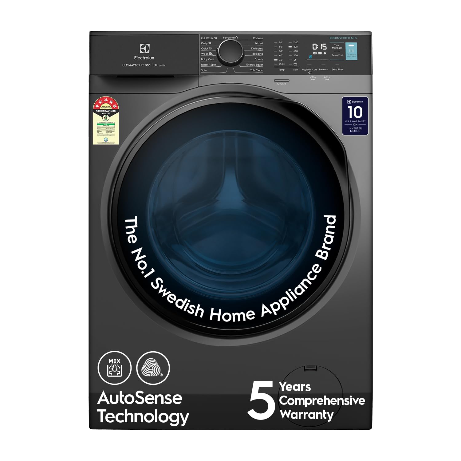 Electrolux 8kg 5 Star Front Load Washing Machine, AutoSense Technology, Full Load Vapour Wash, Hygienic Care, Woolmark, EcoInverter Motor, UltimateCare 500, EWF8024R5SB, Dark Silver