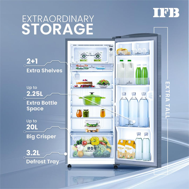 IFB 197L 5 Star Direct Cool Single Door Refrigerator (2024 Model, IFBDC-2235DBSE, Brush Grey, Advanced Inverter Compressor, Extraordinary Storage with Humidity Controller)