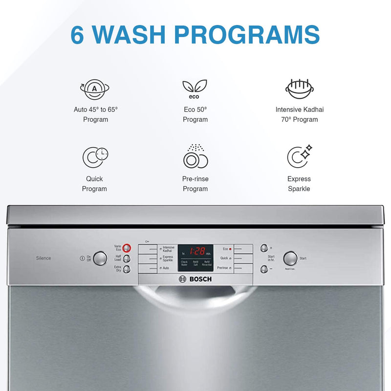 Bosch 13 Place Setting, EcoSilence Drive, Hygiene plus certified with Intensive Kadhai program, Free Standing Dishwasher, World No.1 Brand in Dishwasher (SMS66GI01I, Silver Inox, Inbuilt heater)