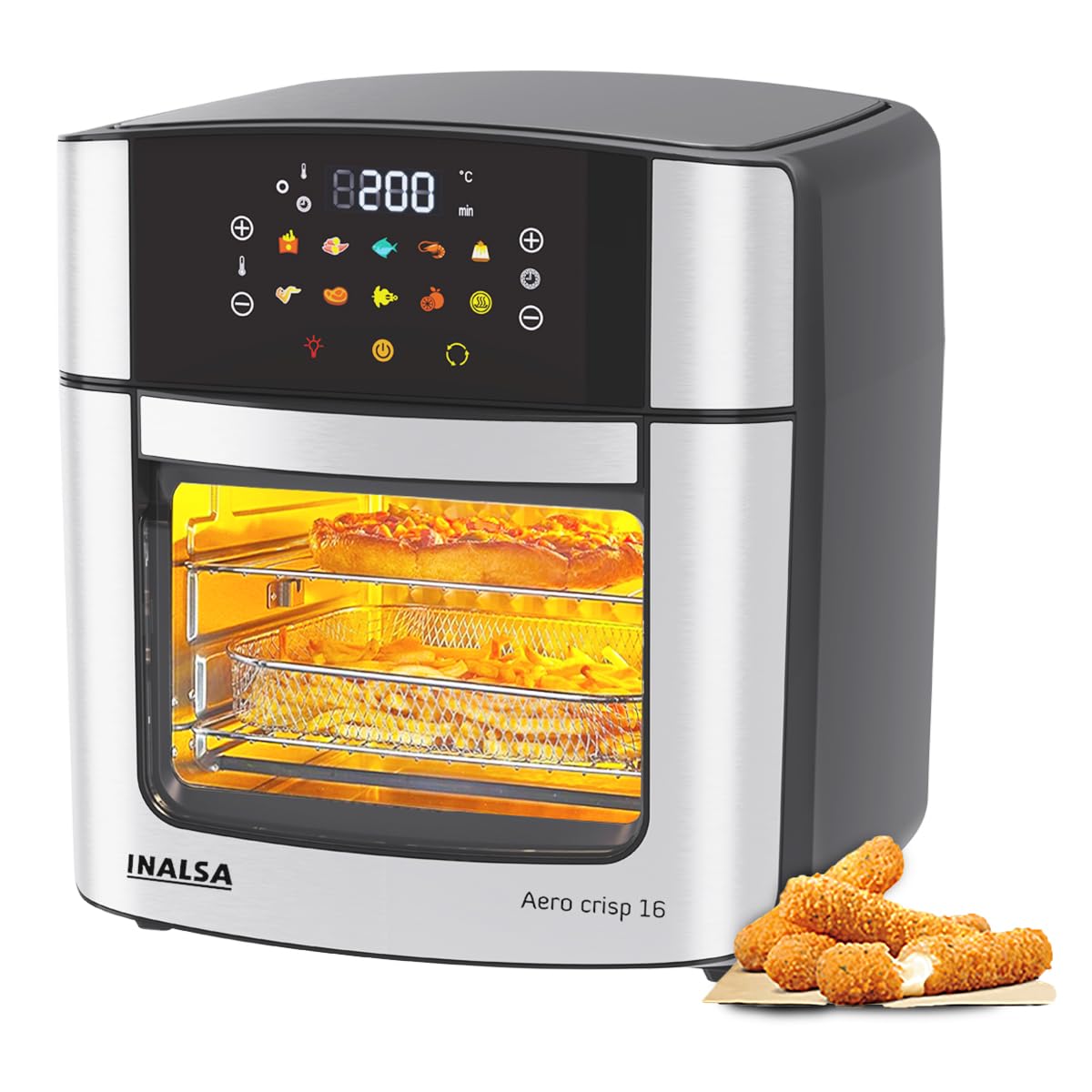 INALSA Air Fryer Oven|16L, 1800W|Stainless Steel Body12-in-1 Functions,Fry,Bake,Grill,Dehydrate,Roast& Reheat|10 Preset|Rotisserie & Convection|Dishwasher Safe Accessories|2Yr