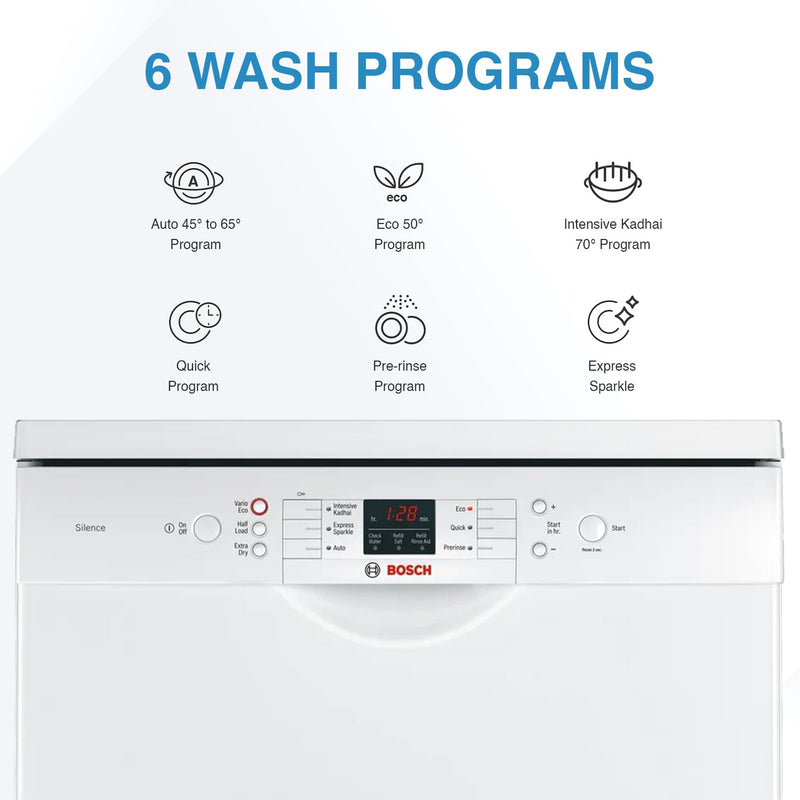 Bosch 13 Place Setting, EcoSilence Drive, Hygiene plus with Intensive Kadhai program, Adjustable Upper Rack Free Standing Dishwasher, World No.1 Brand in Dishwasher (SMS66GW01I, White, Inbuilt heater)