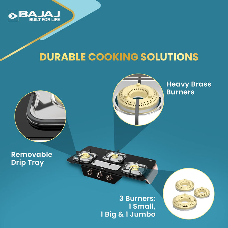 BAJAJ GF8 Frameless with 1 Jumbo Glass C Manual Gas Stove  (3 Burners)