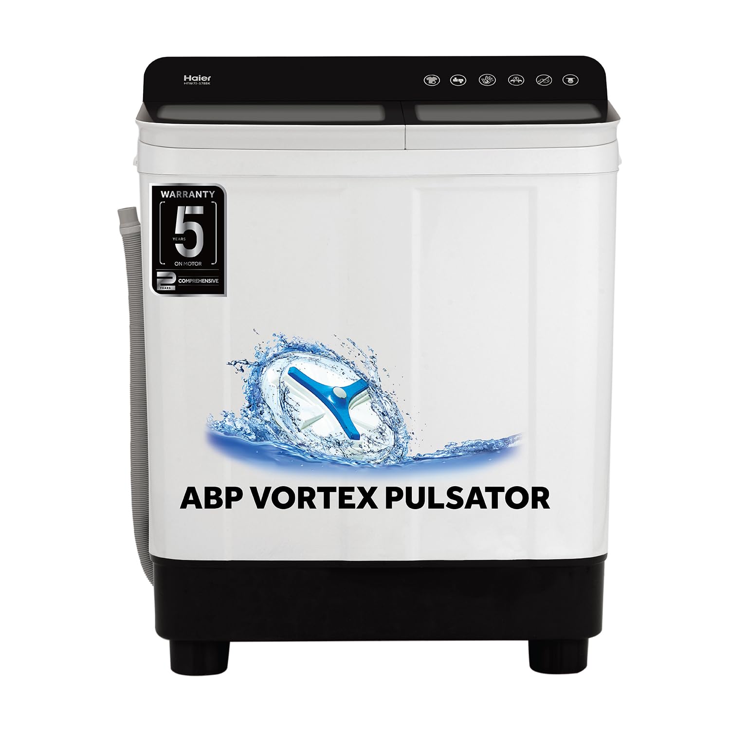 Haier 7 Kg 5 star Semi Automatic Top Loading Washing Machine HTW70-178BKN, Black, Anti Bacterial anti bacterial vortex Pulsator,2024, Magic Filter, 1300 RPM & Castors)