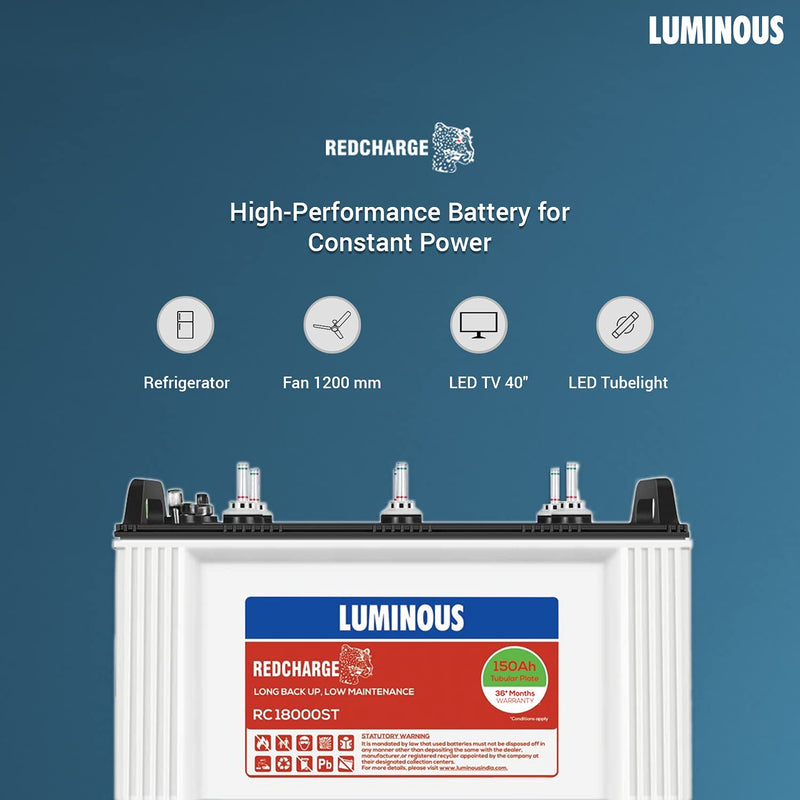 Luminous Red Charge RC 18000ST 150 Ah, Recyclable Tall Tubular Inverter Battery for Home, Office & Shops (Blue & White)