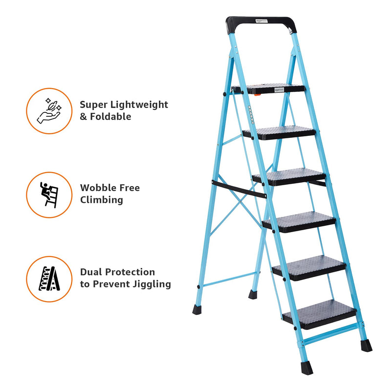 amazon basics - Foldable Step Ladder with Tool Tray, Safety-Clutch Lock, Ribbed Steps, Anti-Skid Rubber Shoes, 6 Steps (Iron Ladder, Black & Blue)