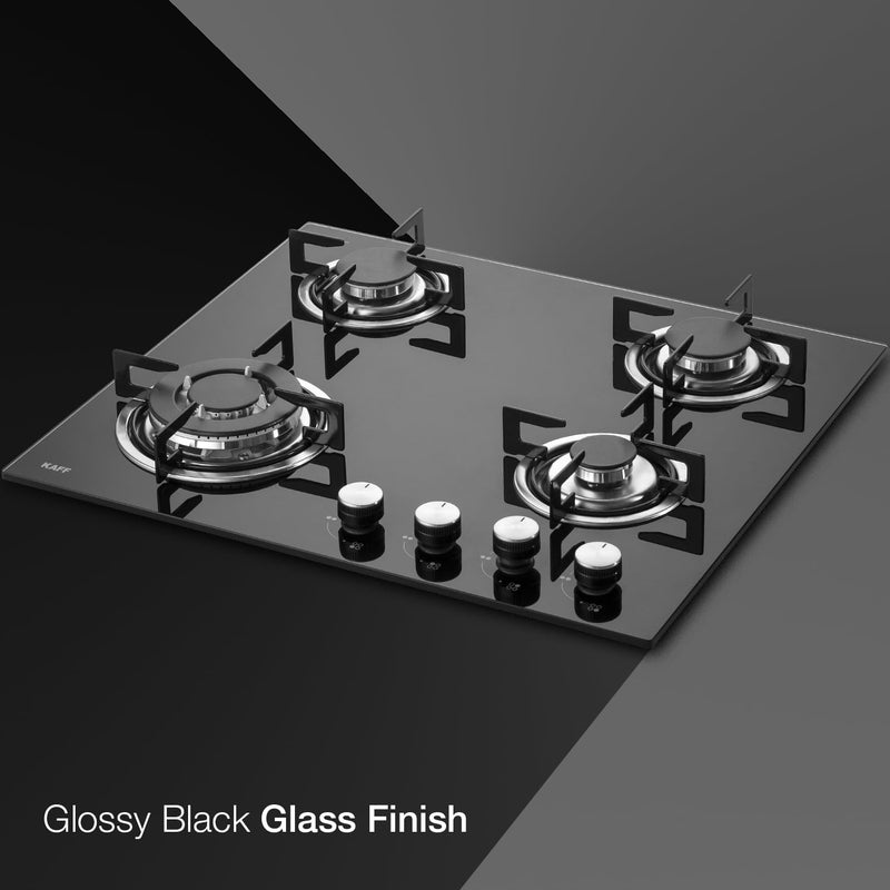 KAFF Built-in Hob/Hobtop 4 Burners, Auto Electric Ignition Glass Top, 60 CM, Italian Burner, Enamelled Matt Finish, Easy Grip Knobs, 8 MM Thick Toughened Glass Black(NE4B60GFX)
