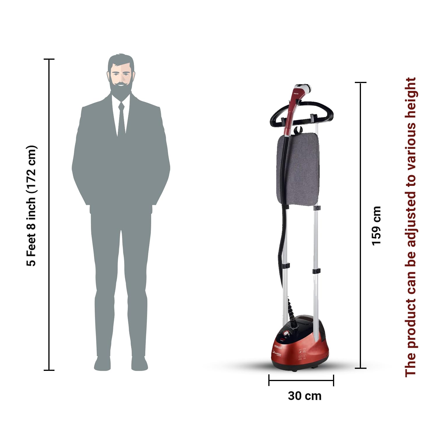 INALSA Standing Garment Steamer 2000 W|Double Pole With 90° & 180° Adjustable Ironing Board |Adjustable Pole Height|2.2 L Water Tank|45 Sec Heat Up Time|32g/min Steam Output,Swiftix 2000