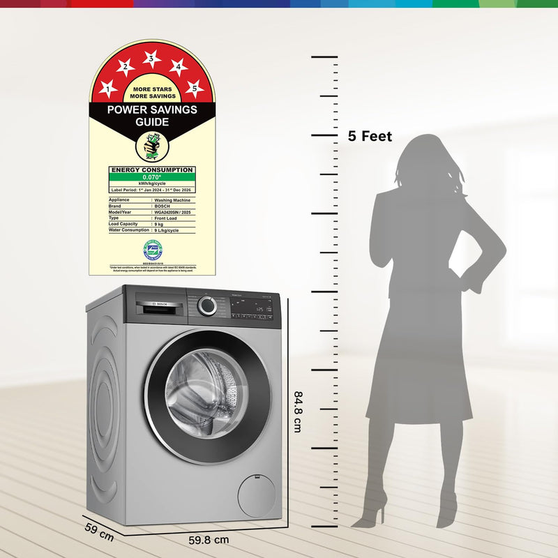 Bosch 9Kg, 5 Star, AI Acitve Water+, Anti Stain, Iron Steam Assist, Anti Tangle Fully-Automatic Front Loading Washing Machine (WGA2420SIN, In-Built Heater, Allergy Plus, Anti Wrinkle, Dark Silver)