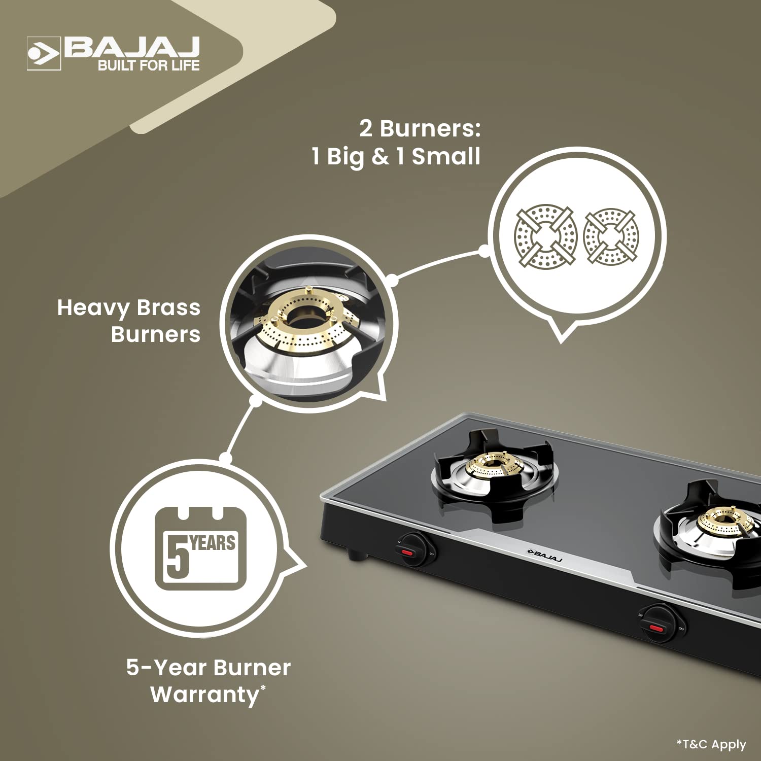 Bajaj 2Brgp7 Stainless Steel Glass Top Gas Stove with 2 Brass Burners, Isi Certified, Anti-Viral & Anti-Bacterial Coating, Black, Regular, Open