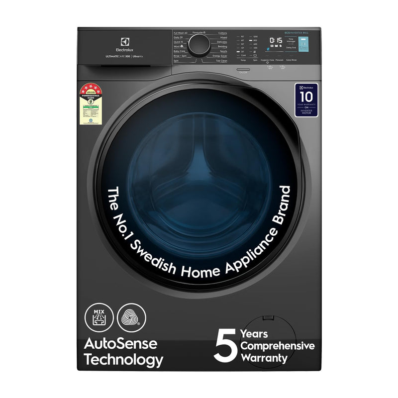 Electrolux 9kg 5 Star Front Load Washing Machine, AutoSense Technology, Full Load Vapour Wash, Hygienic Care, Woolmark, EcoInverter Motor, UltimateCare 500, EWF9024R5SB, Dark Silve