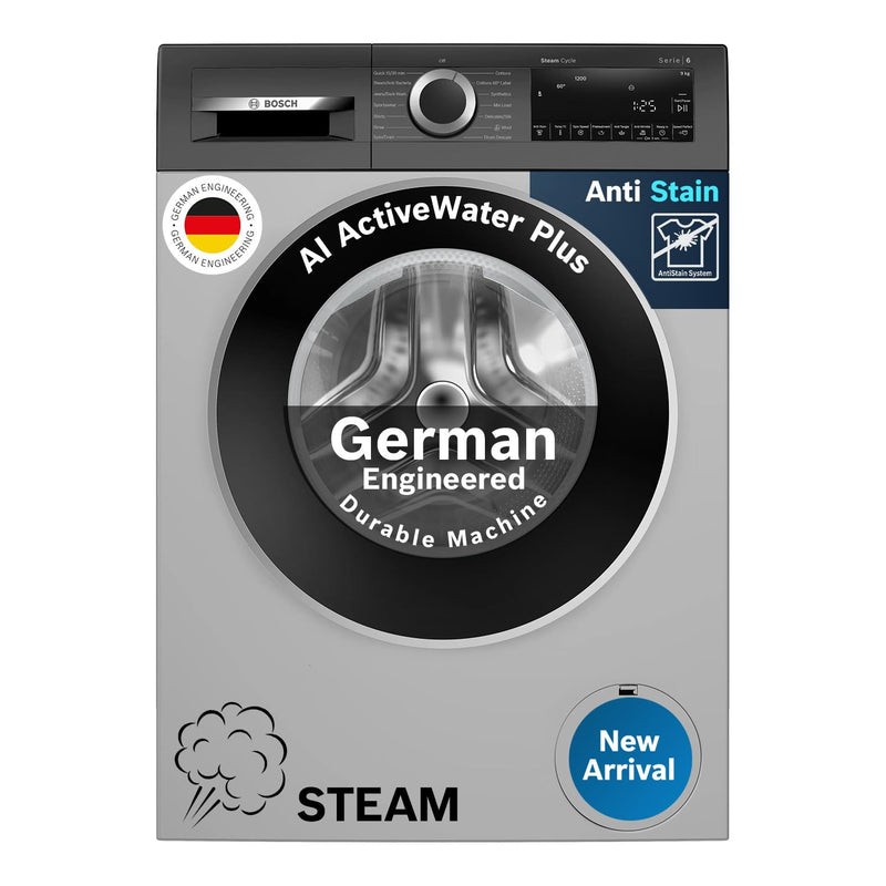 Bosch 9Kg, 5 Star, AI Acitve Water+, Anti Stain, Iron Steam Assist, Anti Tangle Fully-Automatic Front Loading Washing Machine (WGA2420SIN, In-Built Heater, Allergy Plus, Anti Wrinkle, Dark Silver)