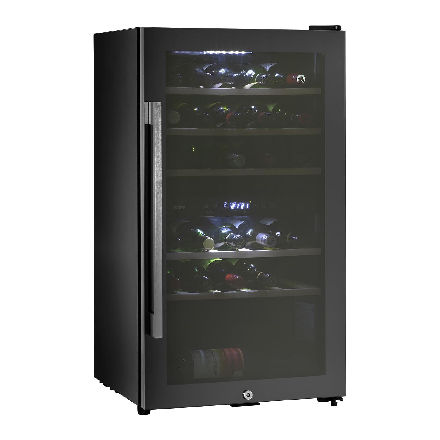 Kaff WC 76 DZ FreeStanding Wine Cooler Refrigerator Dual Zone 76 Litre 29 Bottles Approx. with UVProtection Inner Glass Child Lock  Wooden Shelves Wine Fridge for Red White Champagne Black