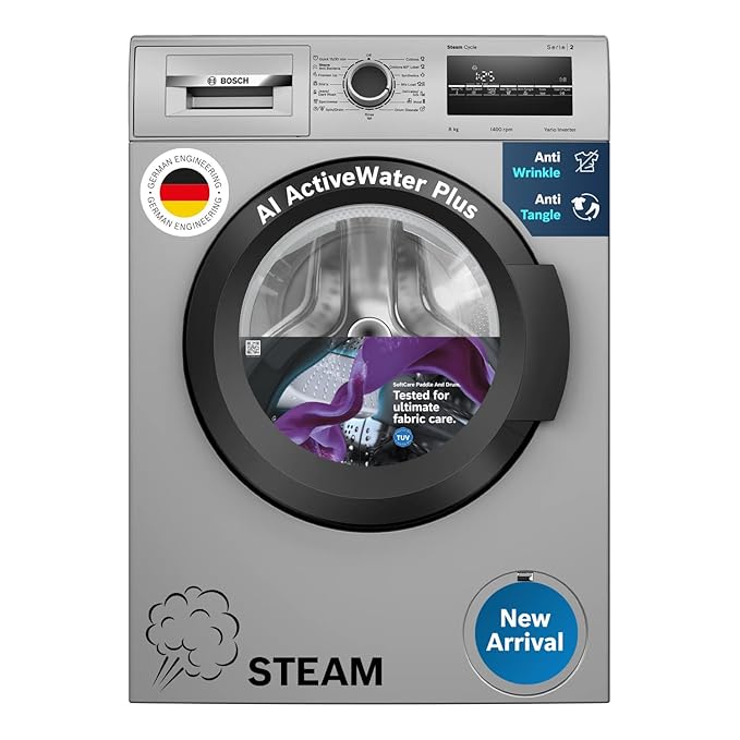 Bosch 8 kg, 5 Star, AI Active Water+, Anti-Tangle, Steam Anti Bacterial, Anti-Wrinkle Fully-Automatic Front Loading Washing Machine (WAJ2826BIN, In-Built Heater, Shiny Silver)