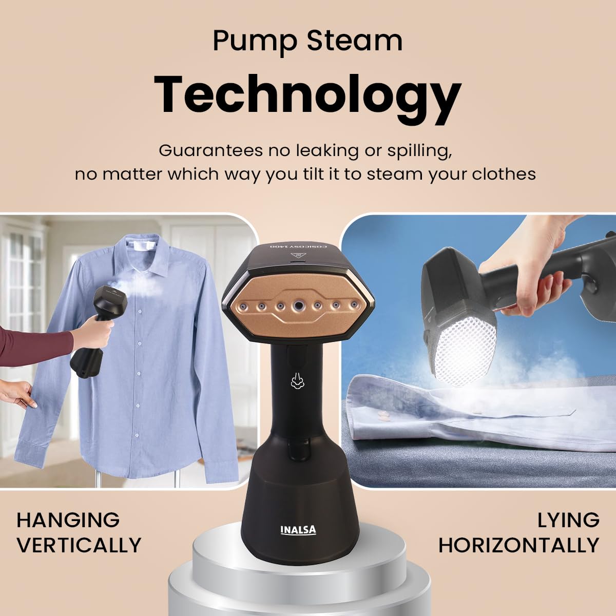INALSA Garment Steamer,Steam Iron Press - Vertical & Horizontal Steaming up to 22G/Min|1400 Watts|300Ml Water Tank|Ceramic Coated Steam Head|Heats Up in 20s|Detachable Lint & Steam Brush,Cosicosy 1400