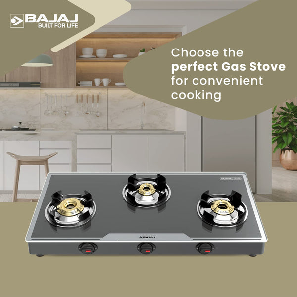 Bajaj 3Bjgp7 Stainless Steel Glass Top Gas Stove with 3 Brass Burners, Isi Certified, Anti-Viral & Anti-Bacterial Coating, Black, Regular, Open