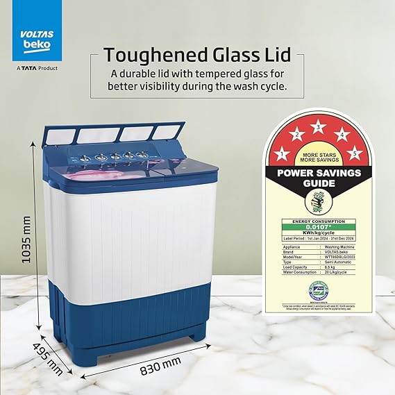Voltas beko, A Tata Product 8.5 kg 5 Star Semi-Automatic Top Load Washing Machine With Double Water Fall technology (2024 Model, WTT85DBLG/FLRB5, Blue, Special Pulsator & 5 Knob Control Method)