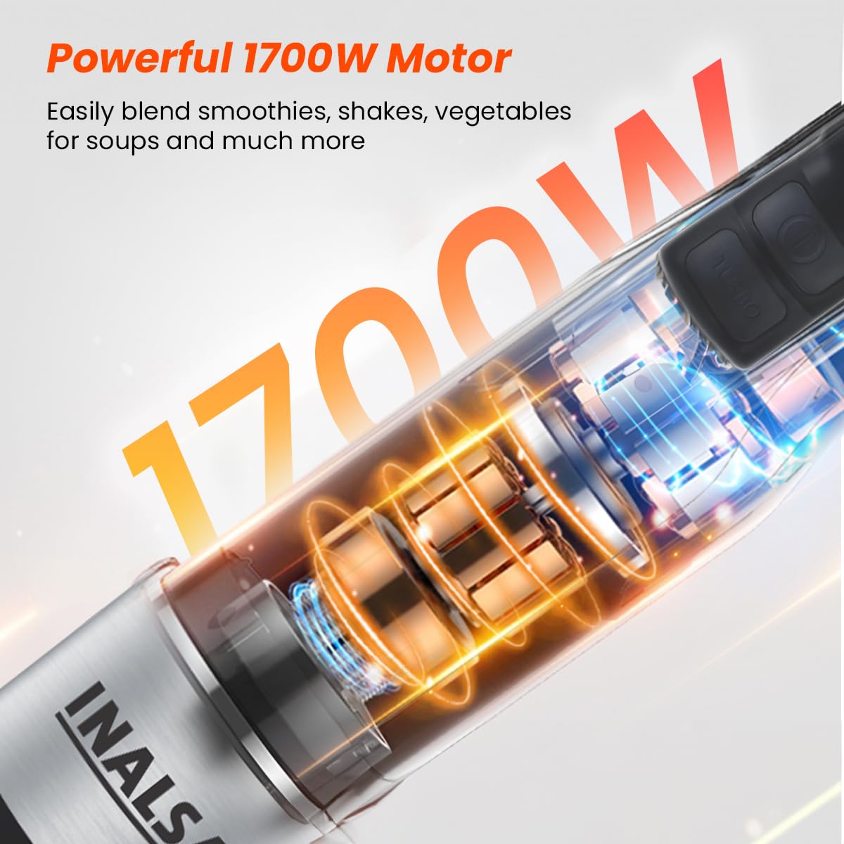 INALSA Hand Blender Mixer|1700W Copper Motor|Chopper,Dough Maker,Whisker & Jar Attachment|Low Noise|20 Speed Control & Turbo Function|BPA Free|Anti-Splash,Robot Inox 1700 Mix N Blend