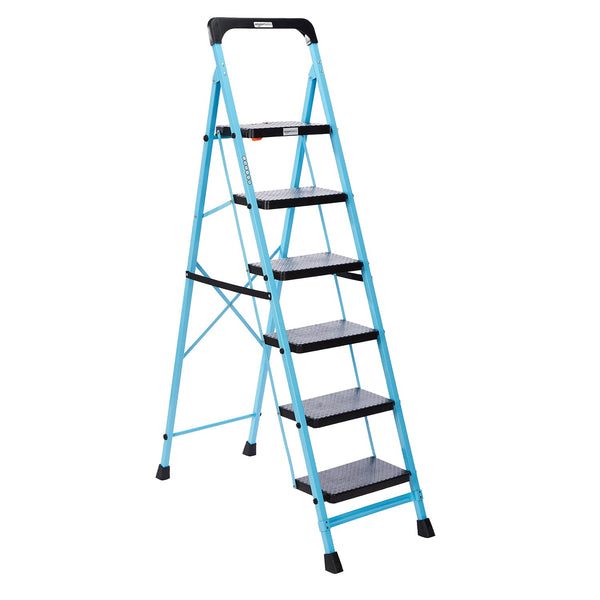 amazon basics - Foldable Step Ladder with Tool Tray, Safety-Clutch Lock, Ribbed Steps, Anti-Skid Rubber Shoes, 6 Steps (Iron Ladder, Black & Blue)