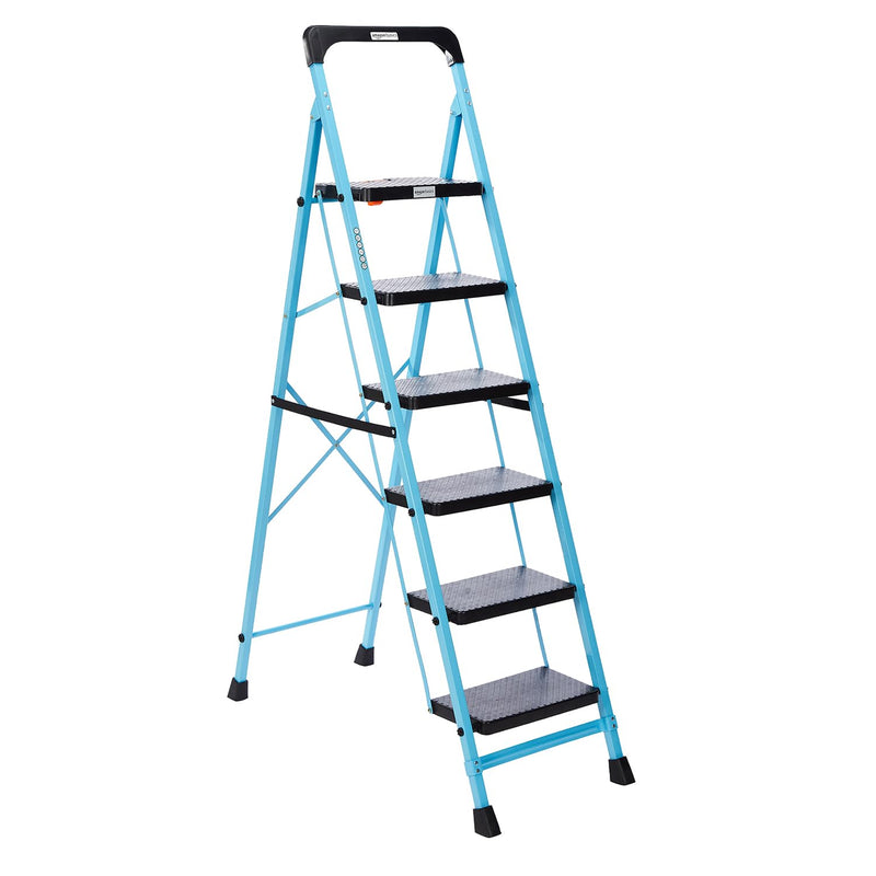 amazon basics - Foldable Step Ladder with Tool Tray, Safety-Clutch Lock, Ribbed Steps, Anti-Skid Rubber Shoes, 6 Steps (Iron Ladder, Black & Blue)