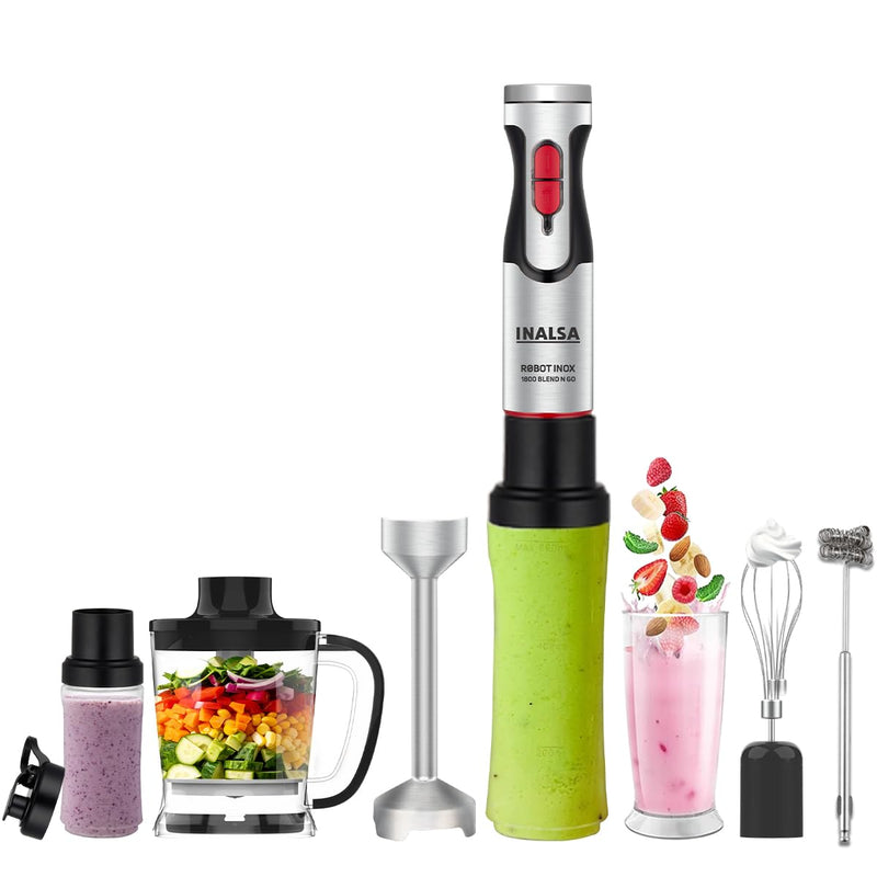 INALSA Nutri Blender with Hand Blender Attachment|1800W DC Motor|20 Speed Control + Turbo Speed|Chopping, Whisking,Frothing & 2Ready To Go Bottles|SS Blades & Rod|2 Yr Warranty|180
