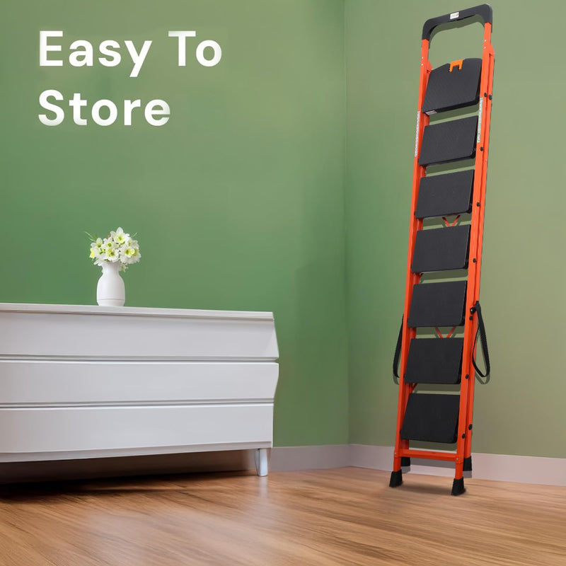 BonKaso Premium Steel Multipurpose Climb Easy Anti-Slip 7-Step Foldable Ladder with Safety Clutch Lock, Support Handle and Tool Tray for Home - (Orang
