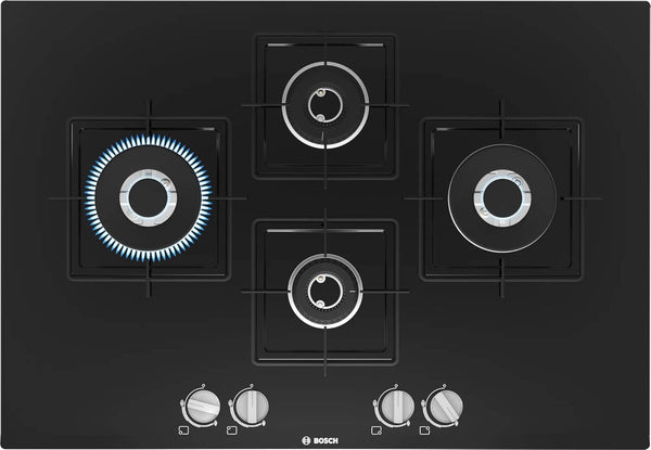 Bosch Built in Gas Hob Black Tempered glass Glass 4 Burner Auto Ignition 75 cm Italian Double Ring Burners (PNI7B6B10I)