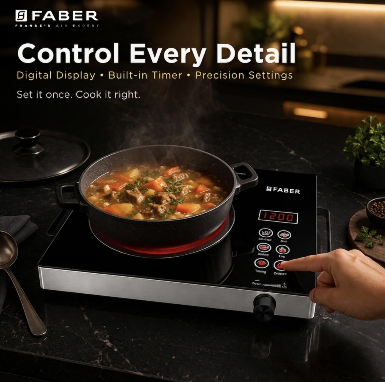 Faber 2200W Infrared Cooktop Stove with Grill Rack for Barbecue| Crystal Glass Plate| Digital Display| 3 Preset Cooking Modes| Touch Control| Infrared Hot Plate| FIP EMBER G22 INFRARED