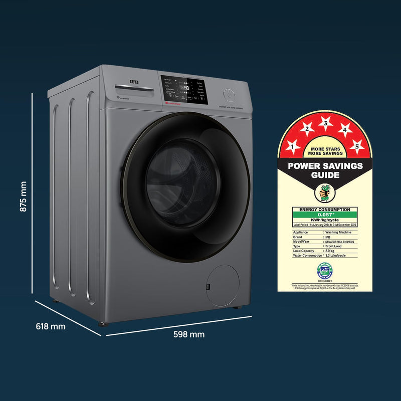 IFB 8 Kg 5 Star with 9 Swirl Wash, AI Powered, Wi-Fi, Fully Automatic Front Load Washing Machine (Senator MSN 8014, Steam Refresh Program with Eco Inverter, Metallic Silver)