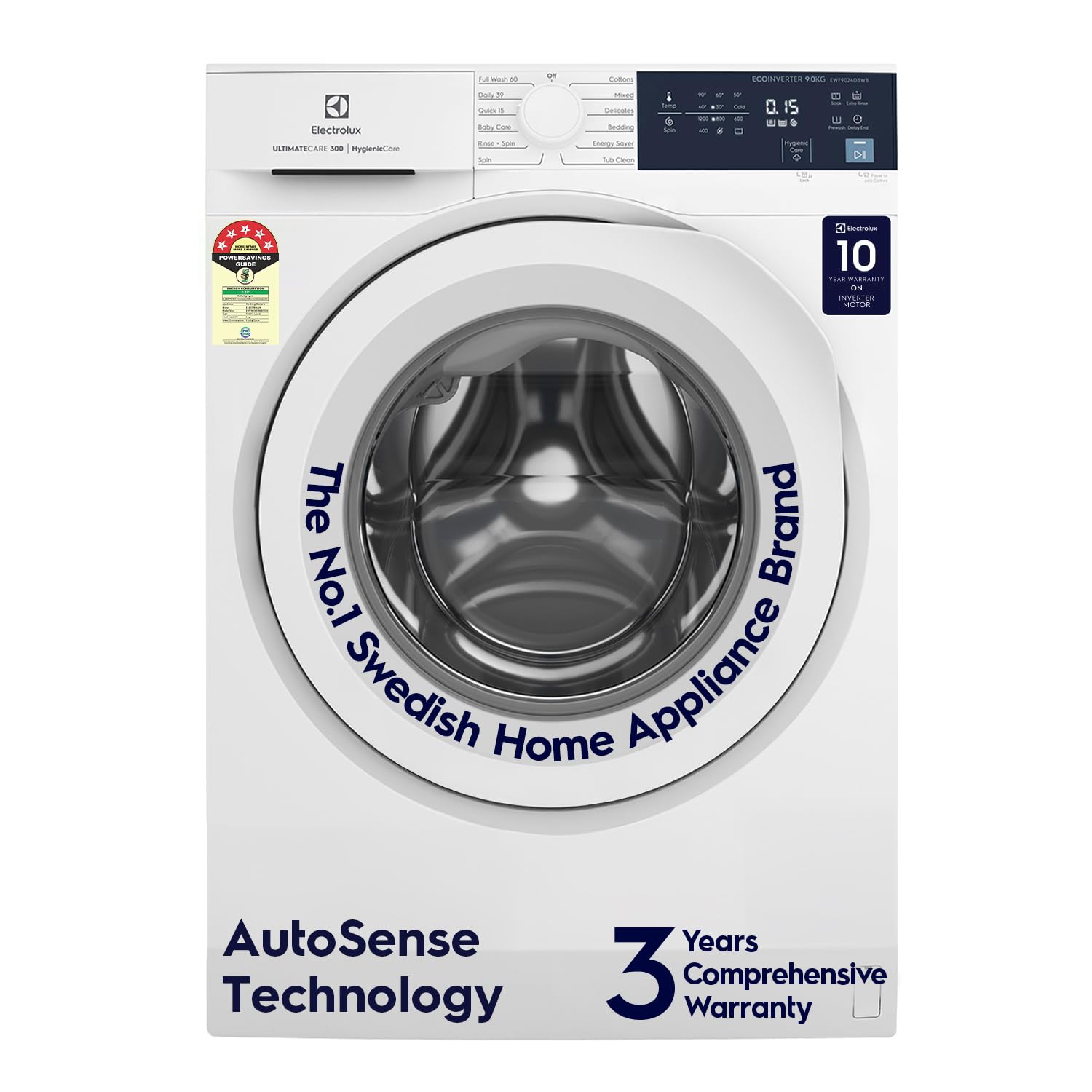 Electrolux 9kg 5 Star Front Load Washing Machine, AutoSense Technology, Full Load Vapour Wash, Hygienic Care, EcoInverter Motor, UltimateCare 300, EWF9024D3WB, White